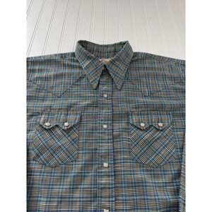 Vintage Dee Cee Men's XL Western Pearl Snap Shirt Blue White Yellow Plaid 17-38‎